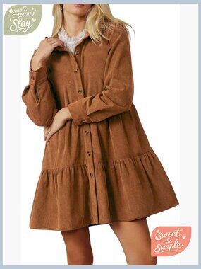 Corduroy Mini Dress Long Sleeve Button Down High Waist Pockets A-Line